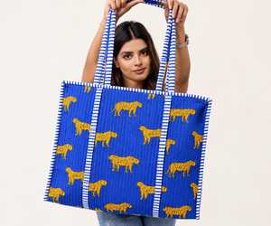 Quilted Leopard Print Canvas Tote <b>Bag</b> Striped Handle Open Shopping <b>Travel</b> Shoulder <b>Handbag</b> - Product Image 6