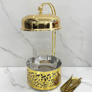 Chafing Dish <b>Buffet</b> Food Warmer Gold Finish Ornate Pillar Stand Glass Lid Wedding Catering <b>Server</b> - Product Image 5