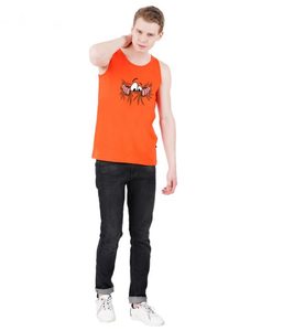 เสื้อกล้ามพิมพ์ลายการ์ตูนสีส้มสำหรับผู้ชาย คอกลม แขนกุด สวมใส่สบาย ระบายอากาศได้ดี ผ้าฝ้าย ดีไซน์โลโก้ด้านหน้า - Product Image 3