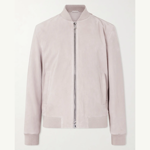 <b>Men's</b> Light Pink <b>Suede</b> Bomber <b>Jacket</b> Crew Neck Zipper Closure Casual Winter Wear Regular Fit Quick Dry Front Genuine Leather - Product Image 1