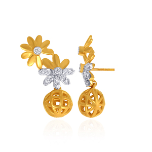 Boucles d'oreilles pendantes florales en or jaune 14 carats avec diamants de laboratoire taille brillant rond, bijoux pour femme - Product Image 3