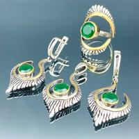 Conjunto de Joyería Religiosa de Turmalina Verde para Mujer, Chapado en Oro de 14K, Anillo, Aretes y Collar Otomanos, Regalo