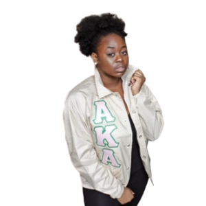 Chaqueta Bomber Blanca Satinada AKA con Letras Verdes de Chenilla Bordadas, Ropa de Moda para Mujeres de Hermandades - Product Image 6