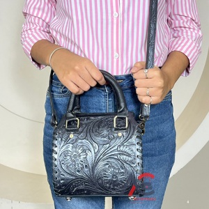 Classic Style Hand <b>Tooled</b> Black Floral Small Duffel Bags New Premium Genuine <b>Leather</b> Travel Weekender Handbags for Men & Women - Product Image 1