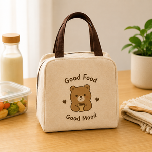 Sac à déjeuner en toile imprimé ours Good Food Good Mood, fermeture éclair isolée, 8x7,5x4,5 pouces, beige - Product Image 4