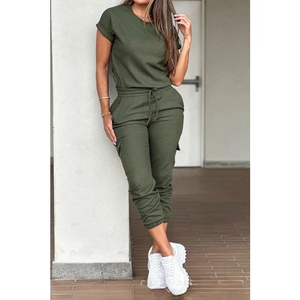 Ensemble de jogging décontracté pour femme, couleur unie, haut à manches courtes, pantalon à cordon de serrage, respirant, en polyester tricoté, molletonné, infroissable, grande taille - Product Image 3