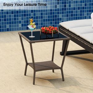 Table d'appoint compacte en rotin et métal durable avec étagère de rangement, table d'appoint carrée en PPL pour patio extérieur avec plateau en verre - Product Image 5