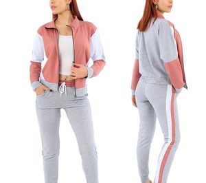Women Color Block <b>Tracksuit</b> Full Sleeve Zipper Stand Collar Casual Sporty Gray Pink White Breathable Spring Wear - Product Image 1
