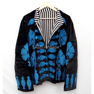 Handmade Soft <b>Velvet</b> Bohemian Floral Pattern Eco-Friendly Quick Dry <b>Women's</b> <b>Jacket</b> with Embroidery and Stripe - Product Image 2