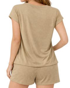 Conjunto de 2 Piezas para Mujer, Color Caqui, Camiseta de Manga Corta con Pantalones Cortos con Cordón, Tejido Sólido, Transpirable, Informal, para Primavera/Verano - Product Image 2
