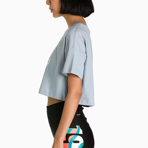 INDEX APPAREL Women's Light Blue Crop <b>Top</b> Crew Neck Short Sleeve Floral Printed Casual Spring Summer Wear - Product Image 2
