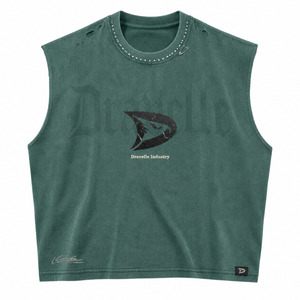 Boxy Cut Off Shirt, Washed Cotton Jersey Streetwear Tank <b>Top</b> with Rhinestone Collar, Distressed Details & Cracked Logo Print - Product Image 3