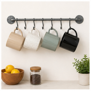 Fabulous Design Matte Black Pipe Pot Rack Rustic Iron Wall Mounted Kitchen Rail with S <b>Hooks</b> for Hanging Utensils Pans and Lids - Product Image 5