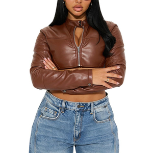 Chaqueta de Moto de Cuero Sintético Marrón para Mujer, Manga Larga, Cierre de Cremallera, Cuello Alto, Estilo Corto, Moda Otoñal - Product Image 1
