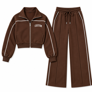 <b>Women's</b> Mocha <b>Brown</b> Track Suit White Piping Zip <b>Jacket</b> Matching Inner Top Wide Leg Pants Custom OEM Private Label Wholesale - Product Image 3