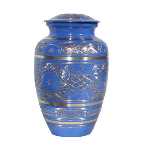 Urnas de cremación de latón clásicas y de alta calidad con diseño de corte de diamante Color dorado y azul acabado para cenizas humanas - Product Image 1