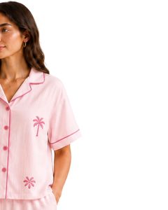 Ensemble de pyjama pour femme rose clair personnalisé, manches courtes, boutonné, imprimé floral, doux, respirant, vêtements de nuit d'été, ensemble de détente - Product Image 4
