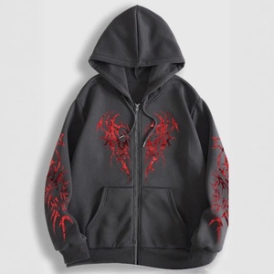 Sweat-shirt à capuche zippé noir gothique avec imprimé flamme rouge, coupe classique pour homme, en molleton French Terry, idéal pour l'automne - Product Image 2