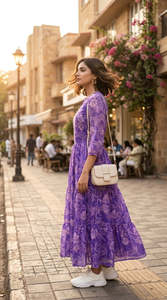 Purple Floral Print Chiffon Midi Dress V-Neck <b>Three</b> Quarter Sleeve A-Line Loose Casual Summer Wear Breathable Layered Hem - Product Image 2