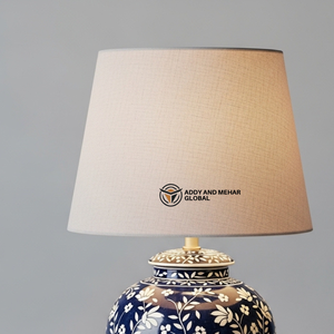 Lanterne de table artisanale en os bleu incrusté avec motif floral, lampe de chevet décorative de luxe avec abat-jour en tissu pour la maison et l'hôtel - Product Image 5