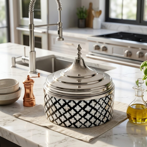 Cazuela de Lujo con Incrustaciones de Madreperla y Tapa de Acero Inoxidable, Olla para Mantener la Comida Caliente |   Juego de Vajilla de Diseño con Base de Madera - Product Image 1