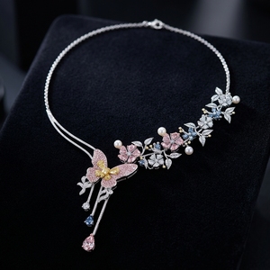Butterfly Cherry Blossom Collar <b>Necklace</b> Colorful Pink Blue Yellow Green & High End Custom Jewelry in Lab Diamonds Pearl in Gold - Product Image 3