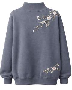 Sweat-shirt polaire gris surdimensionné personnalisé pour femme, col montant, broderie florale, pull chaud décontracté, streetwear d'hiver, coupe ample - Product Image 2