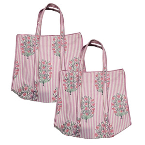 Sac fourre-tout d'été à rayures florales imprimé au bloc de Jaipur + Trousse de toilette assortie à fermeture éclair en pur coton écologique matelassé et durable - Product Image 3