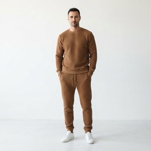 Mens Winter Waffle Knit Fleece Tracksuit <b>Set</b> <b>2</b>-<b>Piece</b> Long Sleeve Crew Neck Sweatshirt & Jogger <b>Pants</b> Casual Loungewear - Product Image 1