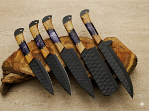 Juego de Cuchillos de Cocina de 5 Piezas de Acero Inoxidable Hechos a Mano con Hoja Recta y Mangos de Madera, Serie Titan Hammered - Product Image 2