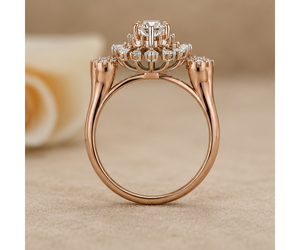 Anillo de Compromiso Floral, Chapado en Oro Rosa de 14K, Corte Brillante, Solitario, Diamante Sintético Cultivado en Laboratorio, Halo de Flores, Propuesta de Matrimonio - Product Image 2