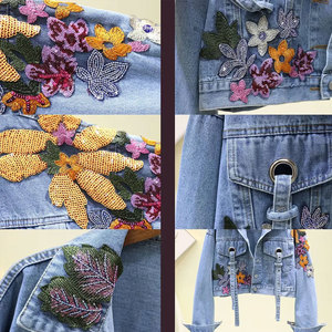 Printed Woven Denim <b>Jacket</b> Women Short <b>Trucker</b> Style Mandarin Collar Full Sleeve Spring Autumn Casual Coat Light Blue - Product Image 5