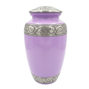 Urna Funeraria de Aluminio para Adultos con Grabado de Hojas, Color Morado Claro, Acabado Metálico Resistente, para Cenizas Humanas - Product Image 1