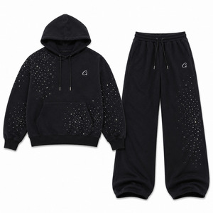 Ensembles de sweats à capuche noirs Y2K scintillants avec strass, personnalisés, en molleton épais 100% coton, pantalons de survêtement amples et surdimensionnés, sweats à capuche carrés, vente en gros - Product Image 3