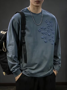 เสื้อยืดแขนยาวผู้ชายผ้าฝ้าย 100% สไตล์วินเทจพร้อมพิมพ์ลายนูน 3 มิติ เสื้อยืดลำลองเรียบง่ายมีสไตล์และสวมใส่สบาย GY-C020 - Product Image 6