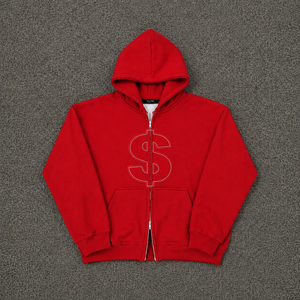 Sweat-shirt à capuche zippé surdimensionné rouge avec broderie signe dollar, streetwear personnalisé, molleton épais pour hommes et femmes - Product Image 5