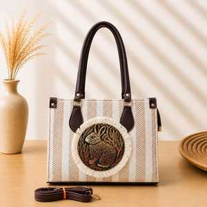 <b>Elite</b> Craft Studio Embroidered Elephant Design Canvas Tote Bag Adjustable <b>Strap</b> Zipper Closure Solid Pattern All Seasons for - Product Image 4