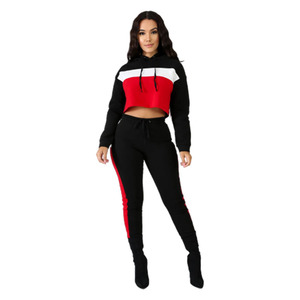 Ensemble de survêtement décontracté pour femme, haut court à capuche en polaire polyester/coton antistatique, manches longues, pantalon de jogging avec poches latérales, noir et rouge - Product Image 1