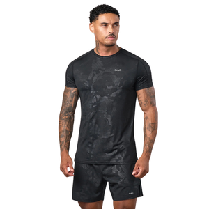 <b>Mens</b> <b>Black</b> Printed Spandex/Polyester Sports T-Shirt <b>Shorts</b> Set Quick Dry Training Gym Workout Running Casual Athletic Two-Piece - Product Image 1