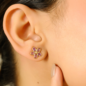 14K Gold Floral Stud <b>Earrings</b> with Pear Cut Diamond and Pink Sapphire - Product Image 5