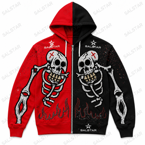 Custom Black <b>Red</b> Skeleton <b>Hoodie</b> Men's Gothic Rhinestone Embroidered Zip Up Hooded Sweatshirt Streetwear Fashion - Product Image 3