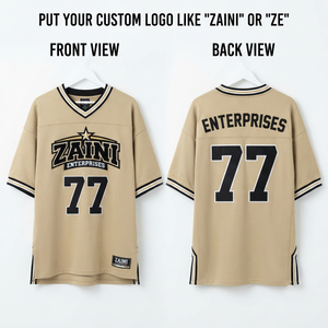 Maillot de football américain pour hommes 280 GSM en polyester interlock premium beige et noir avec bordure contrastante, impression par sublimation et broderie personnalisées - Product Image 1