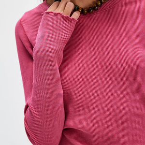 Camiseta de Punto Personalizada para Mujer, Manga Larga, Cuello Redondo, Color Rosa, Corte Holgado Informal, 100% Algodón, Color Sólido, Transpirable - Product Image 3