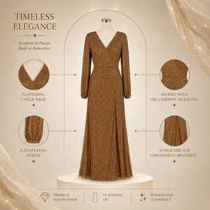 Robe de soirée de luxe pour femmes en sequins dorés |   Robe de soirée longue à col en V profond et manches longues |   Robe de soirée élégante pour invitées de mariage ou de bal - Product Image 5