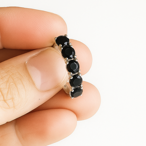 Rhaya Jewels 925 Sterling <b>Silver</b> Rhodium-Plated 5 Black Onyx Prong Set Classic Engagement Wedding Eternity <b>Band</b> <b>Ring</b> 2.2g - Product Image 3