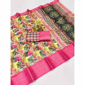 DISEÑADOR DOLA SEDA IMPRESIÓN DIGITAL TRABAJO SAREE CON BLUSA DESCOSADA ROSA - Product Image 1