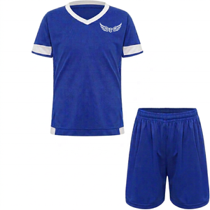 Blue V-Neck Soccer Jersey Set For Boys Short Sleeve Moisture Wicking Polyester Sportswear With Embroidered Logo - Product Image 1