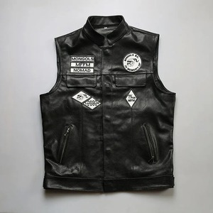 Chaleco de Cuero Genuino para Motociclistas MONGOLS, Chaleco de Cuero Vacuno Negro con Parches Bordados, Chaqueta sin Mangas de Cuero Auténtico - Product Image 1