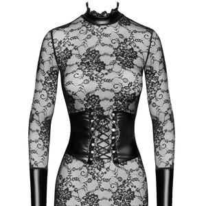 Vestido Mini Ajustado de Encaje Negro con Cuello Alto, Manga Larga, Espalda Descubierta, Estampado Floral, Sexy, para Fiestas, Todas las Temporadas - Product Image 5