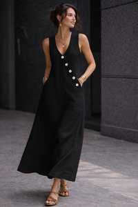 Women Linen Midi Dress Sleeveless V Neck A-Line Dress Button Detail Casual Summer Dress Loose Fit Pockets Dress - Product Image 3